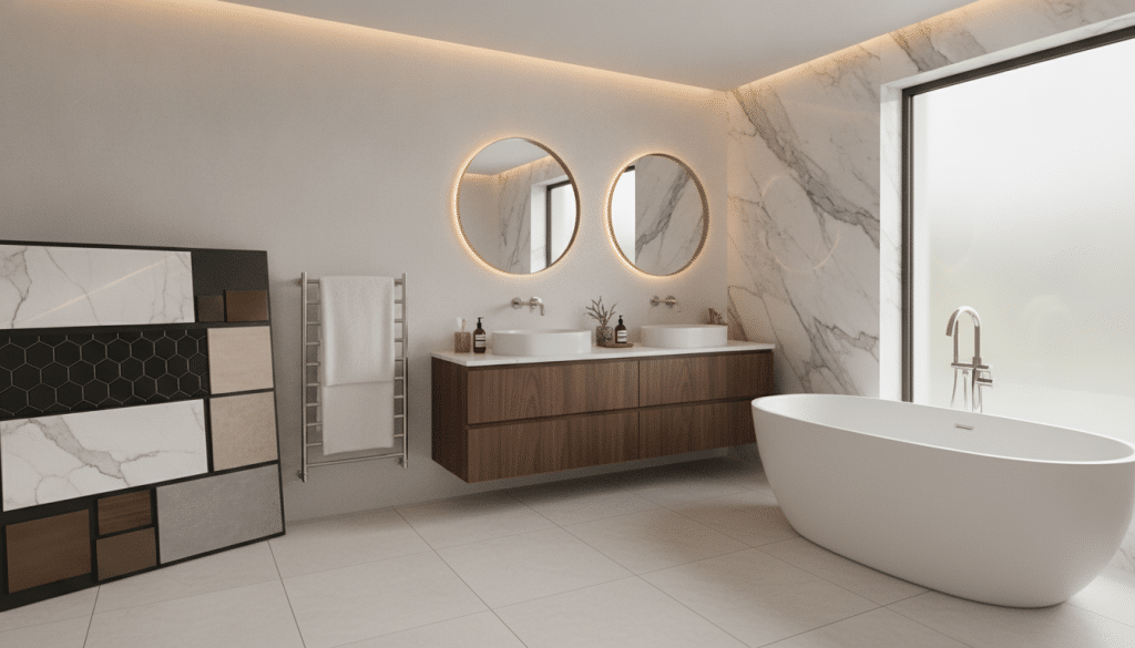 Bathroom fixtures, tile, vanity, and finish selections