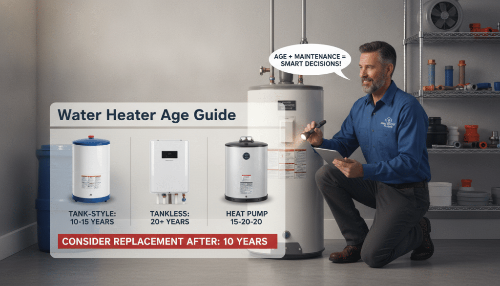 A detailed and informative illustration of a "Water Heater Age Guide". In the foreground, depict a clear infographic showcasing different types of water heaters with age indicators, such as a tank-style heater, a tankless model, and a heat pump, each labeled with their typical lifespan. In the middle, include a friendly technician in professional attire, examining a water heater while taking notes, emphasizing the importance of maintenance and repair decisions based on age. The background should feature a clean, modern utility room with shelves of tools and water heater parts, bathed in soft, warm lighting to create an inviting atmosphere. The composition should convey a sense of expertise and reliability, while remaining educational and visually engaging.