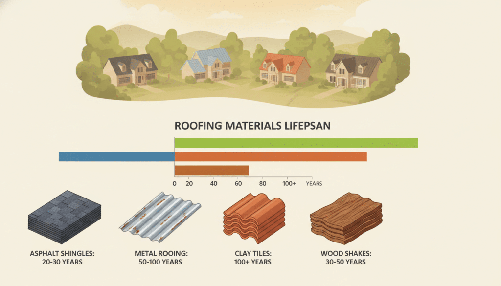 A detailed infographic-style illustration showcasing the lifespan of different roofing materials. In the foreground, display distinct roofing samples such as asphalt shingles, metal, clay tiles, and wood shakes, each labeled with their average lifespans. In the middle ground, create a visually engaging chart, possibly in the form of a timeline or bar graph, using vibrant colors to differentiate between materials. The background should feature a serene Virginia suburban landscape, with homes showing each type of roofing material. Use soft, natural lighting to evoke a warm and inviting atmosphere. The perspective should be slightly elevated to provide a comprehensive view of the data while maintaining clarity of the materials. A detailed infographic-style illustration showcasing the lifespan of different roofing materials. In the foreground, display distinct roofing samples such as asphalt shingles, metal, clay tiles, and wood shakes, each labeled with their average lifespans. In the middle ground, create a visually engaging chart, possibly in the form of a timeline or bar graph, using vibrant colors to differentiate between materials. The background should feature a serene Virginia suburban landscape, with homes showing each type of roofing material. Use soft, natural lighting to evoke a warm and inviting atmosphere. The perspective should be slightly elevated to provide a comprehensive view of the data while maintaining clarity of the materials.