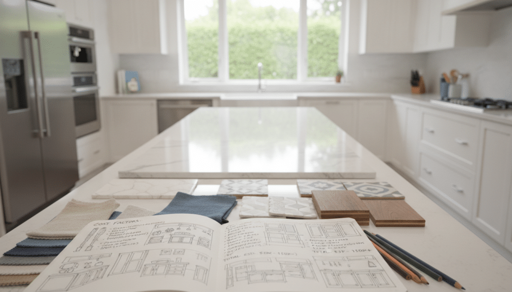 A modern kitchen remodel scene showcasing cost factors, featuring a well-lit space with elegant cabinets, countertops, and appliances. In the foreground, a detailed sketchbook with stylish drawings of design elements, color swatches, and budgeting notes. The middle ground includes a sleek kitchen island with sample materials like quartz and backsplash tiles. The background displays a serene, airy kitchen with a window allowing natural light, highlighting the spaciousness and functionality. Soft, diffused lighting enhances a professional atmosphere, suitable for industry discussions. The mood is optimistic, reflecting creativity and planning. A subtle depth of field effect adds focus on the foreground while softly blurring the background, creating visual interest.